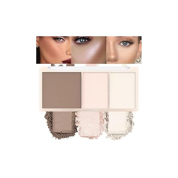 3 IN 1 Brown Nude Face Highlight Bronzer Powder Palette for Cheeks Contour Brightening, Buildable Matte Coverage Natural Makeup,Ultra Sculpt Nose Shadow Eyeshadow Primer 03#