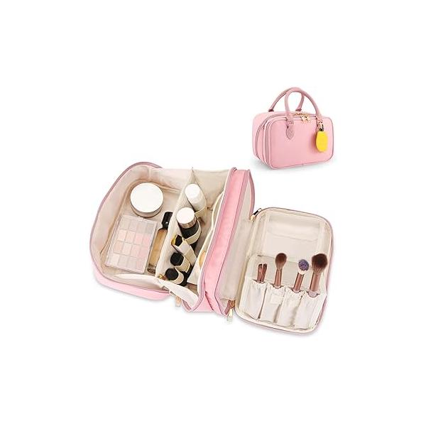 Travel Makeup Bag for Women Fashion Large Capacity Pouch Open Flat Cosmetic Portable Organizer Waterproof Opening Storage Toiletry Bags Vertical Free-Standing Brush Holder Easy Access Black