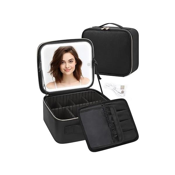 Makeup Bag With LED Mirror, Travel Case with Light up Mirror Large Cosmetic 3 Color Lighted Portable Organizer Adjustable Dividers（Black）