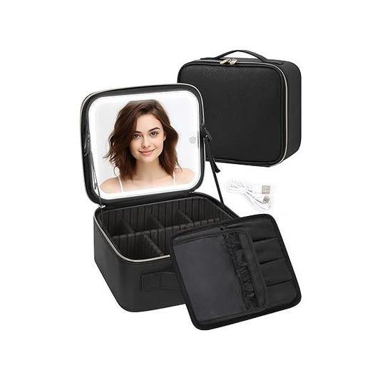 Makeup Bag With LED Mirror, Travel Case with Light up Mirror Large Cosmetic 3 Color Lighted Portable Organizer Adjustable Dividers（Black）