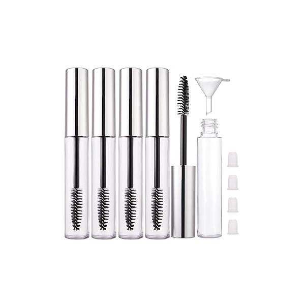 YITOU 4 Pack 10ml Empty Mascara Tube with Brush Wand, Refillable Eyelash Cream Container DIY Cosmetics Bottle for Castor Oil, Eyebrow Growth Serum, Coconut Rubber Inserts, 1 Funnel, Black