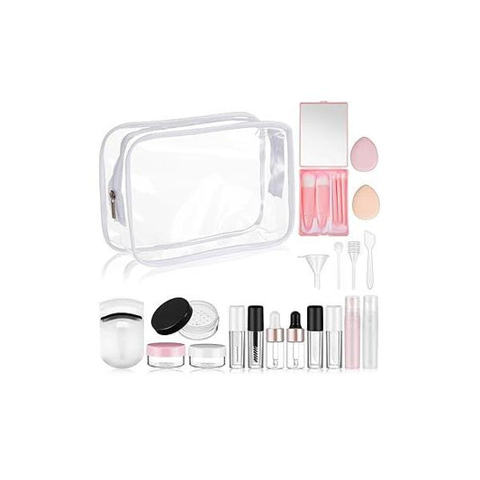 Maxdot 20 Pack Travel Makeup Containers Set Mini Brush Empty Bottles Kit with Finger Puff Spatulas Leak Proof Refillable Cosmetic Accessories for Liquid Toiletries Skincare Shampoo Mascara