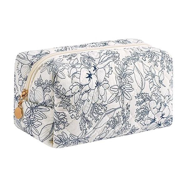 Gleyemor Small Quilted Makeup Bag for Women, Cute Floral Cotton Cosmetic Bag, Travel Toiletry Period Gifts Her Mom Friend Sister Bridesmaid (Purple Flower)
