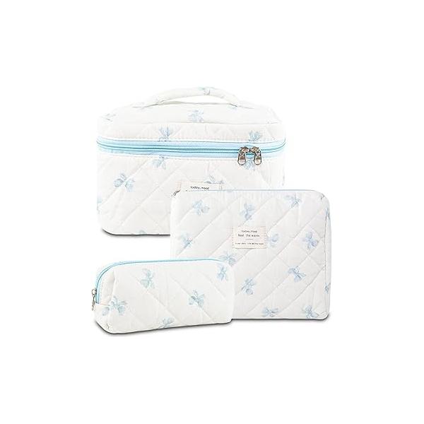 3Pcs Makeup Bag Cotton Quilted Travel Cosmetic Cute Floral Pouch Large Toiletry for Women Girls (Bow-Pink4)