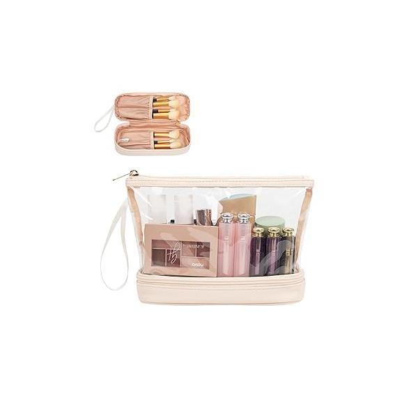 Ethereal Small Makeup Bag, 2 Layers Travel Make up Organizer Bag with Brush Holder, Portable Cosmetic for Women/Girls, Blue Flower