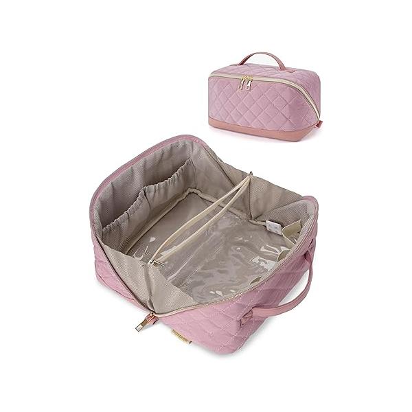 Wandering Nature Travel Makeup Bag,Travel Make up Bag with Large Capacity,Quilted Organizer Bag, Open Flat Toiletry for Women Cosmetic Divider and Handle,Patent Pending