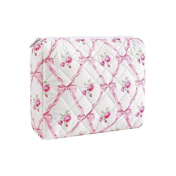 Gleyemor Small Quilted Makeup Bag for Women, Cute Floral Cotton Cosmetic Bag, Travel Toiletry Period Gifts Her Mom Friend Sister Bridesmaid (Purple Flower)