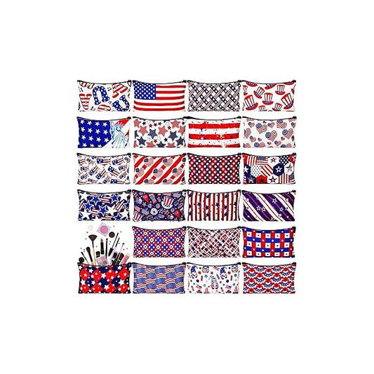 24 Pieces Makeup Bags Bulk Canvas Cosmetic Purse Organizer Zipper Pouch Portable Travel Toiletry for Women Men Gifts, 7 x 4 Inch (Patriotic)