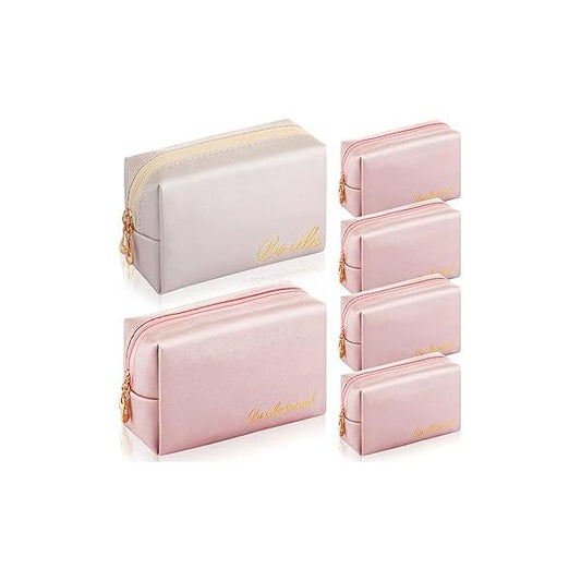 Hillban 6 Pcs Bride and Bridesmaid Cosmetic Bag PU Leather Makeup Waterproof Pouch Purse Toiletry Gifts for Bridal Shower, Wedding, Bachelorette Party(White, Ivory White)