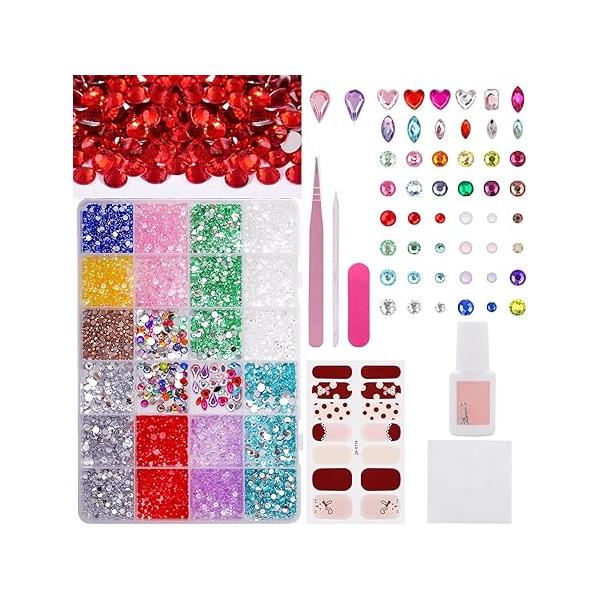 Nail Rhinestones 24Grids 12Colors 3mm-5mm Size Gems Art Kit DIY Decoration Accessories Tweezers Drill Pen Sticker 13000Pcs Box and 27 Shaped Diamonds