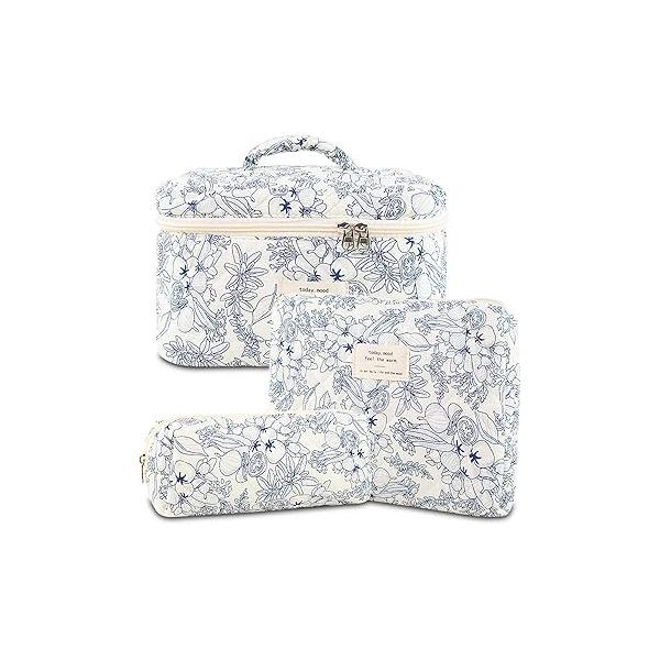 Makeup Bag, 3 PCS Quilted Cute Floral Cotton Cosmetic Bag set, Coquette Pouch Large Travel Toiletry