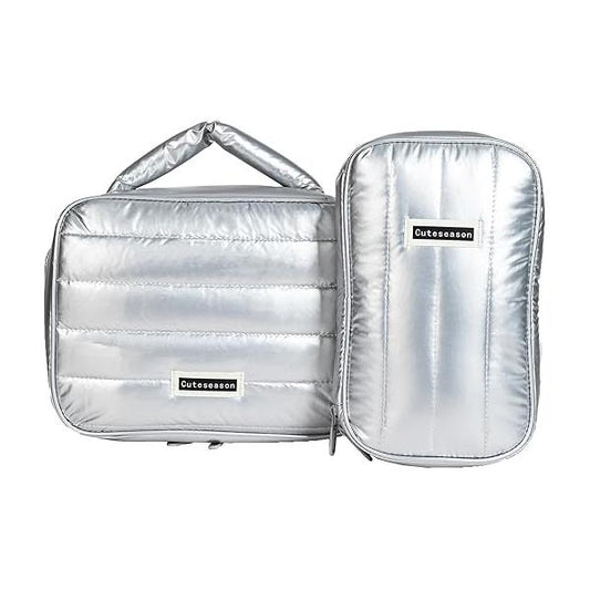 Puffy Padded Makeup Bags, Large Capacity Waterproof Travel Toiletry Bag with Compartments, Quilted Cosmetic Pouch for Women, Silver