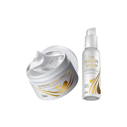Vitamins Keratin Hair Treatment Kit - Deep Conditioner Mask and Weightless Anti-Frizz Serum for Dry, Damaged, Color-Treated Fine