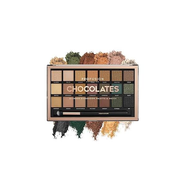 Profusion Cosmetics 21 Shade Eyeshadow Palette Collection & Brush, Chocolate-Inspired Matte, Shimmer Satin Finishes, Blendable Pigments, Cruelty-Free Eye Makeup