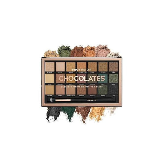Profusion Cosmetics 21 Shade Eyeshadow Palette Collection & Brush, Chocolate-Inspired Matte, Shimmer Satin Finishes, Blendable Pigments, Cruelty-Free Eye Makeup
