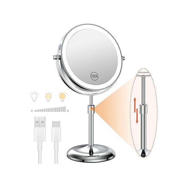 Benbilry Lighted Makeup Mirror with 3 Color Lights & 10X Magnification, Adjustable Brightness Height, 7 Inch 360° Swivel Rechargeable LED Magnifying Vanity Light, Gold