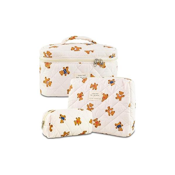 3Pcs Makeup Bag Cotton Quilted Travel Cosmetic Cute Floral Pouch Large Toiletry for Women Girls (Bow-Pink4)