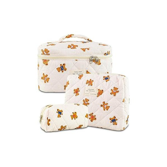 3Pcs Makeup Bag Cotton Quilted Travel Cosmetic Cute Floral Pouch Large Toiletry for Women Girls (Bow-Pink4)