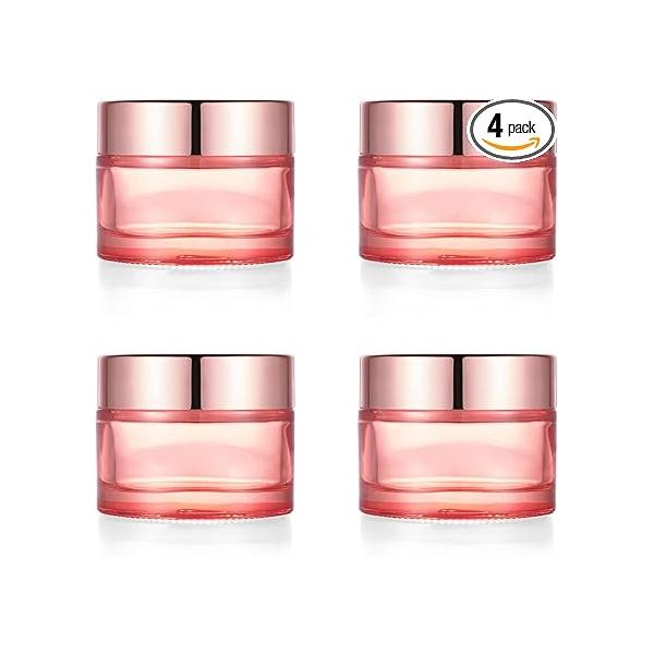 Pink Glass Cream Jar,4 Pack 1.7 oz/50g Face Lotion Jar Pot,Empty Refillable Cosmetic Bottle Container With Rose-Golden Cover,Inner Liners for Moisturizer,Eyeshadow,Makeup Emulsion