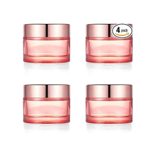 Pink Glass Cream Jar,4 Pack 1.7 oz/50g Face Lotion Jar Pot,Empty Refillable Cosmetic Bottle Container With Rose-Golden Cover,Inner Liners for Moisturizer,Eyeshadow,Makeup Emulsion