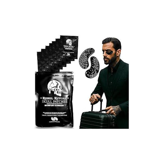 *NEW Under Eye Skull Patches for Men with MicroFlow Tech - Dark Circles, Puffiness & Anti-Aging Mask, Collagen Vitamin Infused Hydrogel Treatment, No-Slip Cooling Design (7 Pairs)