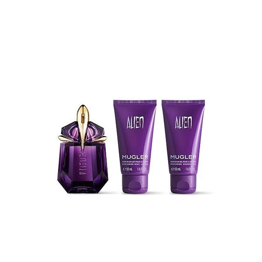 Mugler Alien Eau de Parfum - Women's Fragrance Set ($135 Value) Floral & Woody With Jasmine, Wood, and Amber Long Lasting Perfume Perfume, 1 Fl Oz, 1.6 Oz Body Lotion, Shower Gel