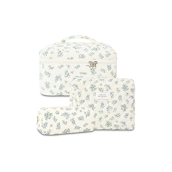 Makeup Bag, 3 PCS Quilted Cute Floral Cotton Cosmetic Bag set, Coquette Pouch Large Travel Toiletry