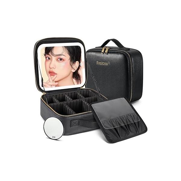 Portable Travel Cosmetic Bag with LED, 3-color Adjustable Organizer, Women's Case, Mirror Makeup Case Rechargeable (Pink)