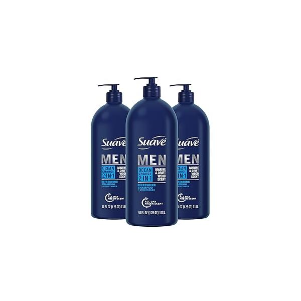 Suave Men Shampoo and Conditioner 2 in 1 Ocean Charge Refreshing, Cleanse Conditions Hair, 40 oz Pack of 3