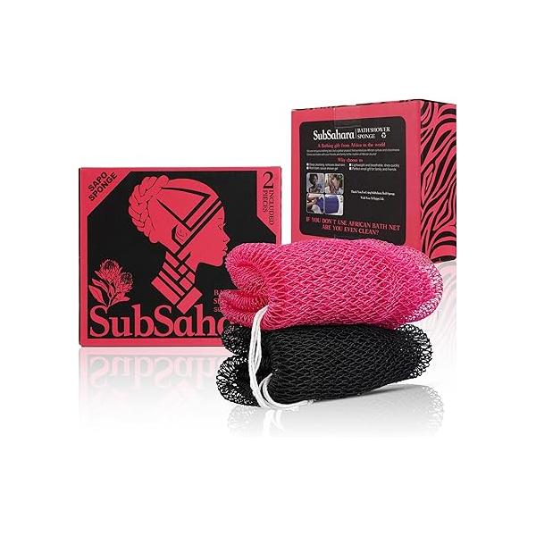 SubSahara Authentic African Net Sponge - 2 Pieces Exfoliating Scrubber for All Skin Types, Bath Face & Body, Travel Portable, Durable, Gentle Exfoliation (Golden Forest Green)