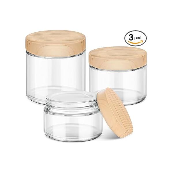 Glass Cosmetic Jars with Plastic Woodgrain Lids, 4 oz, 2 oz 1 Small Storage Lids & Stickers, Reusable Clear Travel Containers for Creams, Lotion, Balms, Ointment 3 pack