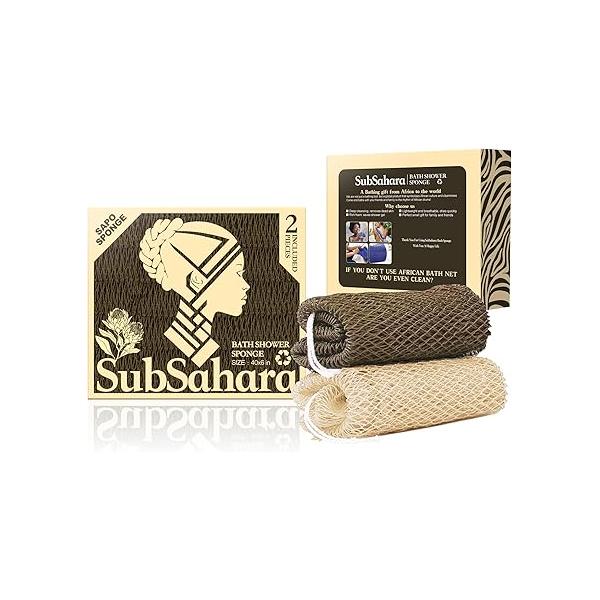 SubSahara Authentic African Net Sponge - 2 Pieces Exfoliating Scrubber for All Skin Types, Bath Face & Body, Travel Portable, Durable, Gentle Exfoliation (Golden Forest Green)