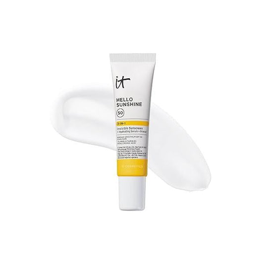 IT Cosmetics Hello Sunshine Invisible Sunscreen for Face SPF 50 - Sunscreen, Hydrating Serum & Makeup Primer 1% Pro-Vitamin B5 Hyaluronic Acid HSA/FSA Eligible No White Cast