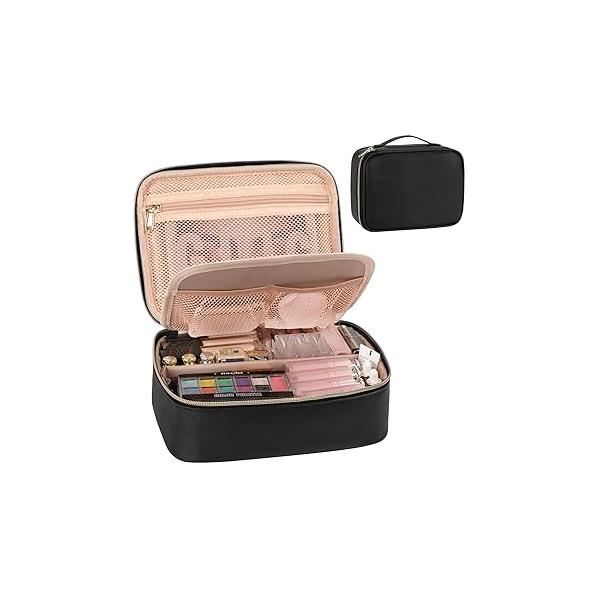 OCHEAL Makeup Bag, Cute Organizer Bag Potable Make up for Cosmetics Toiletry Accessories with Divider and Brushes Compartments, Travel Case Cosmetic Bags Women Girls-Black