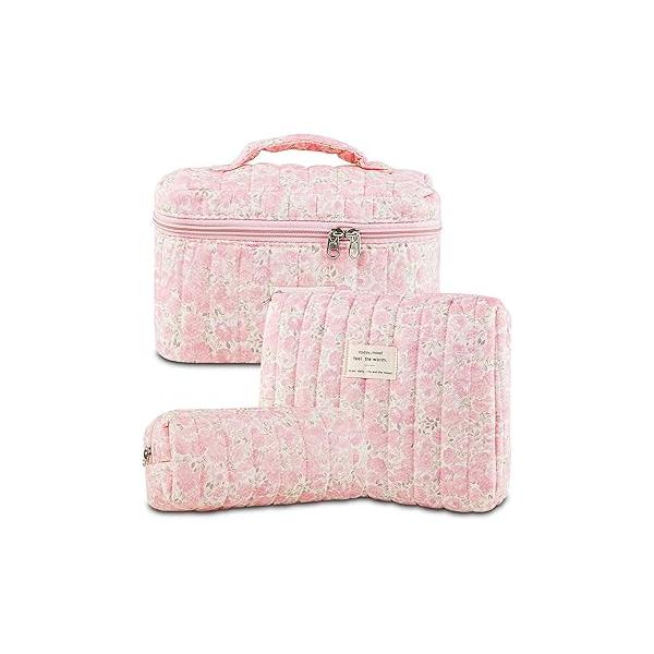 3Pcs Makeup Bag Cotton Quilted Travel Cosmetic Cute Floral Pouch Large Toiletry for Women Girls (Bow-Pink4)