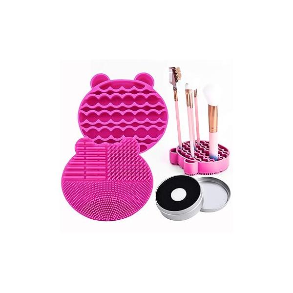 Silicon Makeup Brush Cleaner Mat with Drying manual Make up brush cleaner cleanser machine Cosmetic Cleaning Pad+Makeup Dry Cleaned Quick Color Removal Sponge Scrubber Tool(Pink)