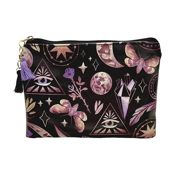 Cute Small Cosmetic Bag Mini Makeup for Women and Girls,PU Leather Travel Toiletry Accessories Organizer with Zipper Tassel (Gothic Bats)