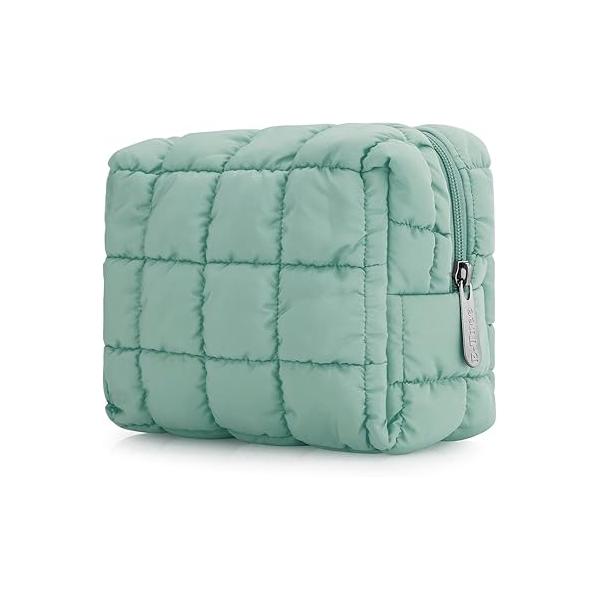 E-Tree Cute Makeup Bag,Quilted Cosmetic Bag,Make up Pouch for Purse,Toiletry Zipper Pouch,Checkered Bag,Travel Case,Storage Pouches Organization (Green)