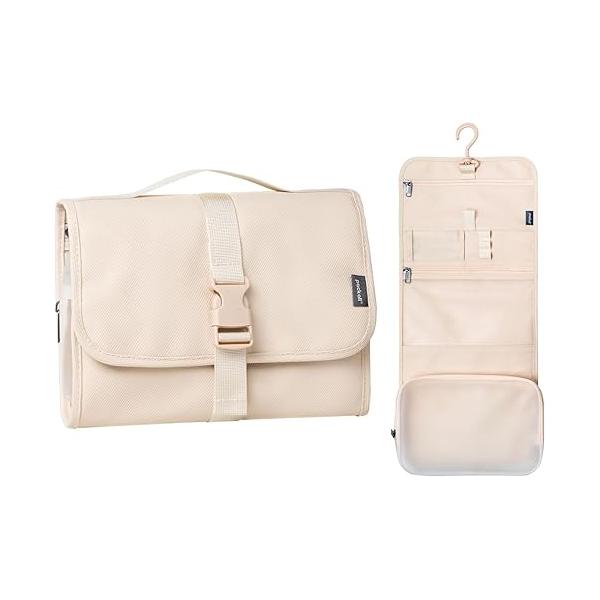 pack all Hanging Travel Toiletry Bag, Foldable Cosmetic Bag with Multiple Compartments, Water-Resistant Makeup for Toiletries, Accessories (Light Beige)