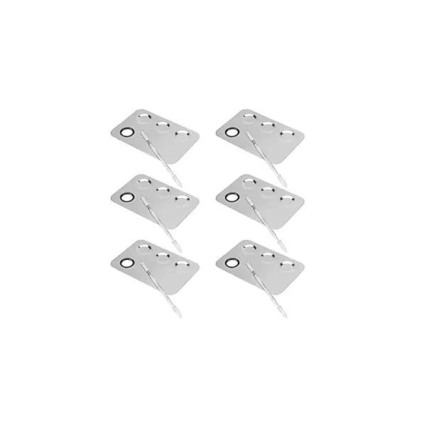 SEUNMUK 6 Pack x 4 Inch Stainless Steel Cosmetic Palette with Spatula, 3-well Mixing Makeup Nail-art Mixer Metal Tray for Foundation, Pigment, Nail Polish Blending, Silver
