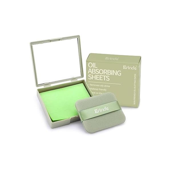 Erinde Oil Blotting Sheets for Face with Mirror and Puff, 300 Paper Oily Skin, Absorbing Sheet, Natural Control Film, Absorb Excess Oil, Makeup Friendly