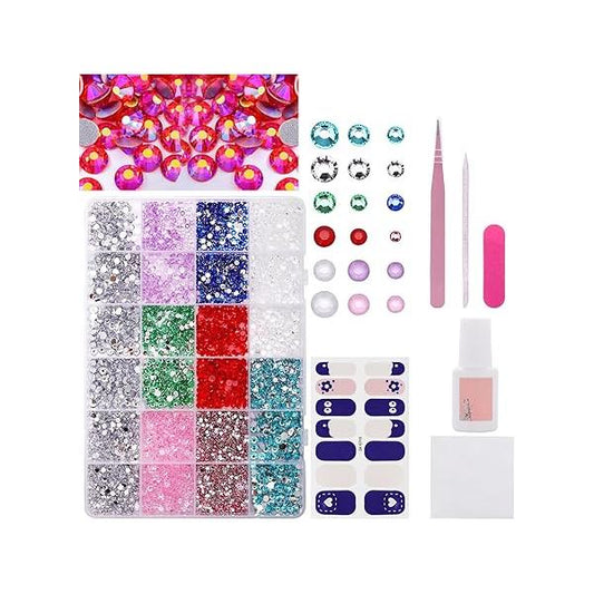 Nail Rhinestones 24Grids 12Colors 3mm-5mm Size Gems Art Kit DIY Decoration Accessories Tweezers Drill Pen Sticker 13000Pcs Box and 27 Shaped Diamonds