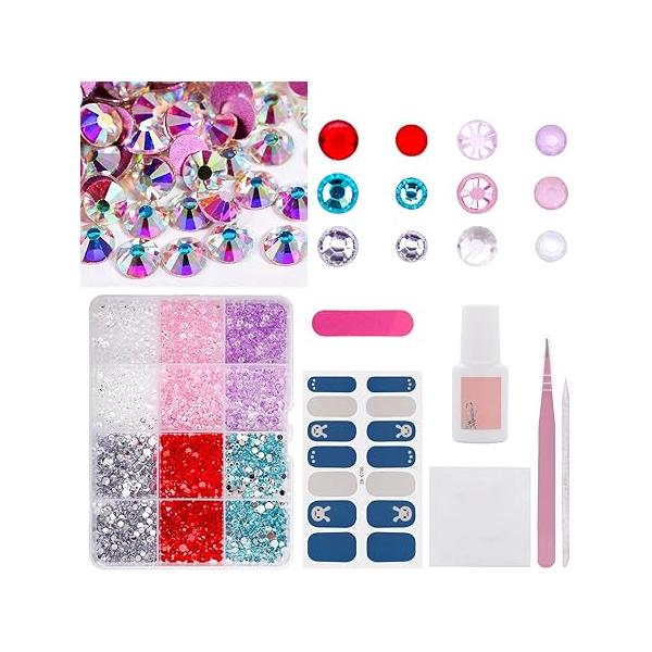 Nail Rhinestones 24Grids 12Colors 3mm-5mm Size Gems Art Kit DIY Decoration Accessories Tweezers Drill Pen Sticker 13000Pcs Box and 27 Shaped Diamonds