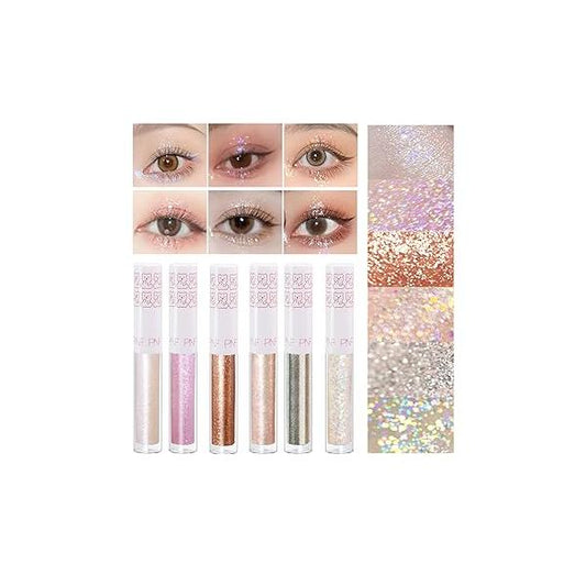 6Pcs Liquid Glitter Eyeshadow Eyeliner, Korean Makeup, Bling Under Eye Shadow, Shimmer Make Up Valentine's Gift Set,Long Lasting,Quick Drying & Pigmented Loose Glue for Crystals Makeup