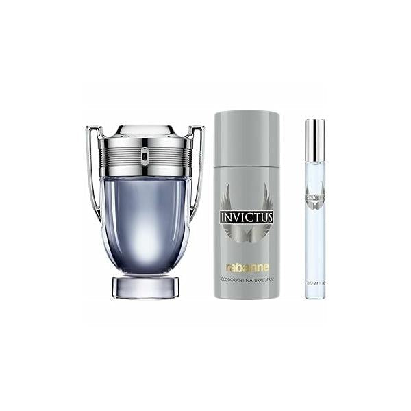 Paco Rabanne Invictus 3-Piece Gift Set for Men, (3.4 Oz Eau De Toilette Spray + 5.0 Deodorant spray 0.33 Travel Spray)