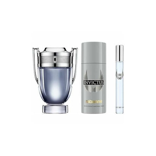 Paco Rabanne Invictus 3-Piece Gift Set for Men, (3.4 Oz Eau De Toilette Spray + 5.0 Deodorant spray 0.33 Travel Spray)