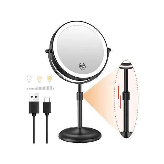 Benbilry Lighted Makeup Mirror with 3 Color Lights & 10X Magnification, Adjustable Brightness Height, 7 Inch 360° Swivel Rechargeable LED Magnifying Vanity Light, Gold