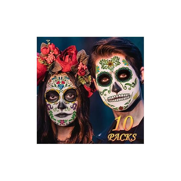 Day of the Dead Face Tattoos, Halloween Temporary Tattoo 10 Pack Dia de Los Muertos Skeleton Makeup Kit Catrina Red Rose Sugar Skull Full Stickers for Women Kids Accessories and Parties