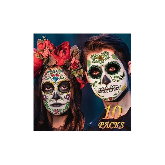 Day of the Dead Face Tattoos, Halloween Temporary Tattoo 10 Pack Dia de Los Muertos Skeleton Makeup Kit Catrina Red Rose Sugar Skull Full Stickers for Women Kids Accessories and Parties