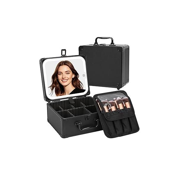 Makeup Bag With LED Mirror, Travel Case with Light up Mirror Large Cosmetic 3 Color Lighted Portable Organizer Adjustable Dividers（Black）